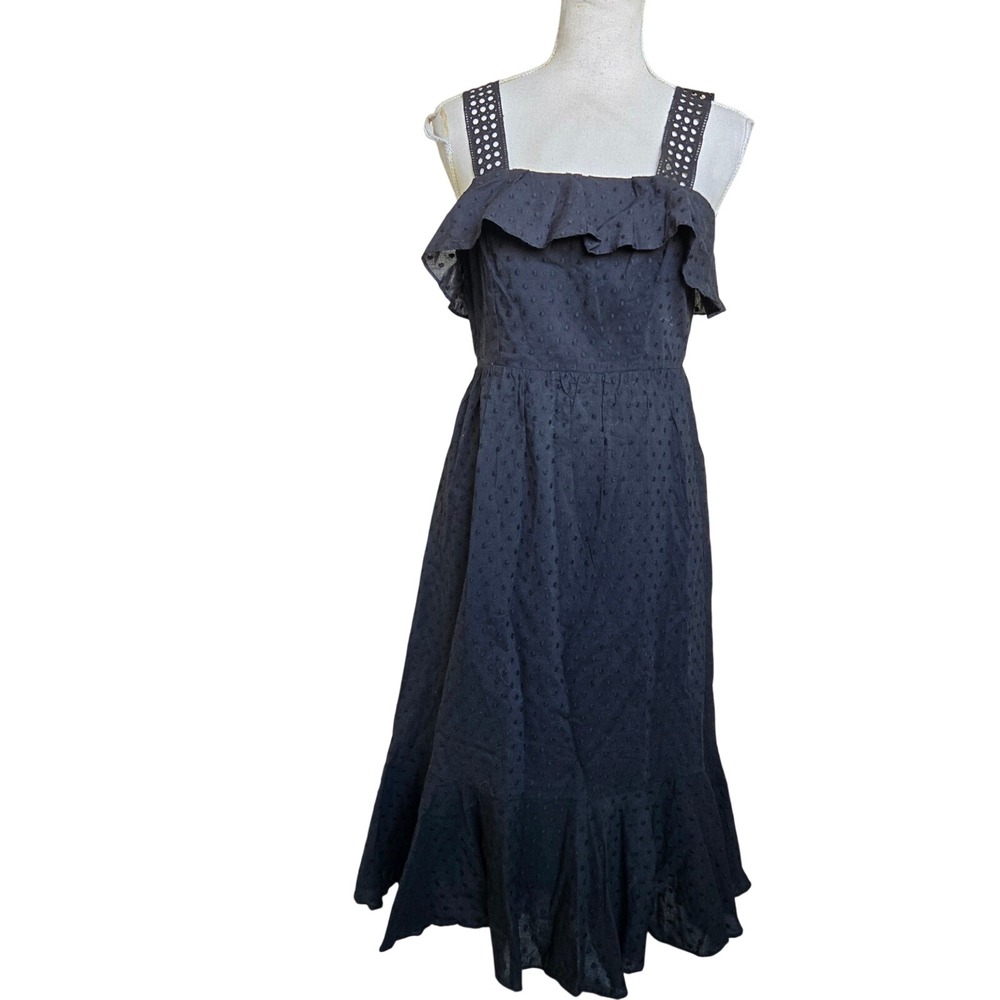 J. Crew‎ Black Swiss Dot Midi Dress Ruffle Trim Sleeveless Size 2 Party